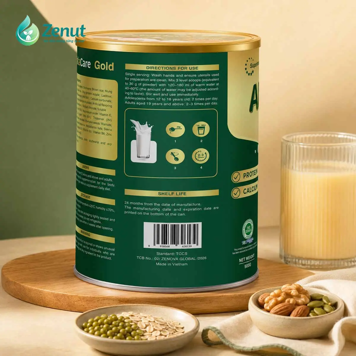 Mặt sau bao bì AtaCare Gold: thông tin và hướng dẫn theo nhãn xuất khẩu