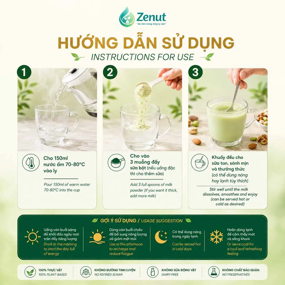 Hướng dẫn pha Aura GOLD với 150 ml nước ấm và 3 muỗng bột