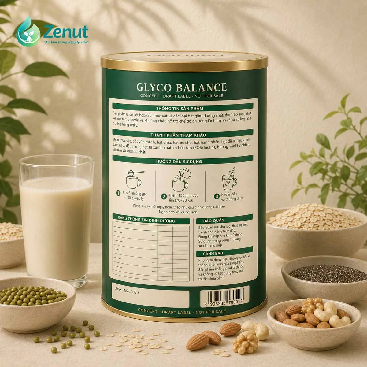 Mặt sau minh họa Glyco Balance; nội dung chỉ là bố cục nhãn concept, chưa phải thông tin pháp lý hoặc công thức được phê duyệt