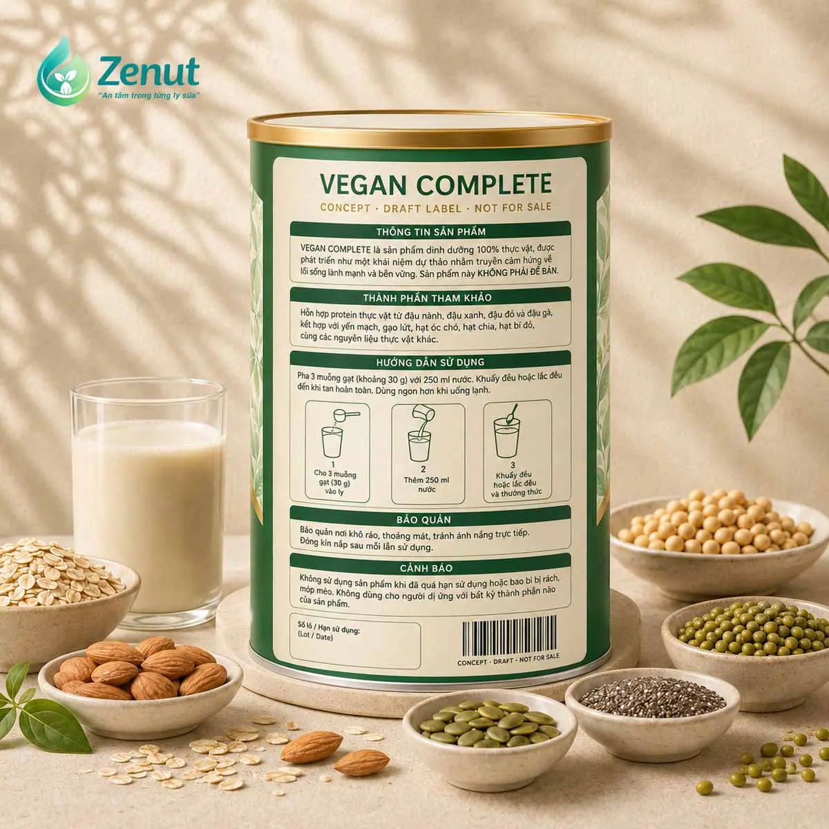 Mặt sau minh họa Vegan Complete; nội dung chỉ là bố cục nhãn concept, chưa phải thông tin pháp lý hoặc công thức được phê duyệt